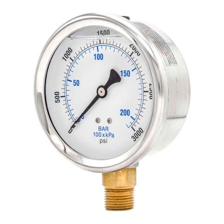 Engineered Specialty Products, Inc Pic Gauges 4" Pressure Gauge, Liquid Filled, 3000 PSI, Stainless Case, Lower Mount, 201L-402P 201L-402P